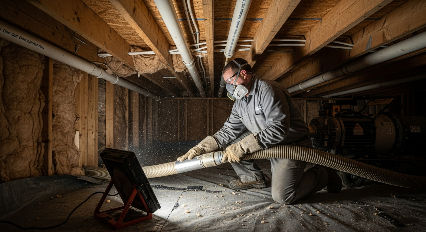 Technician installing insulation in crawl space