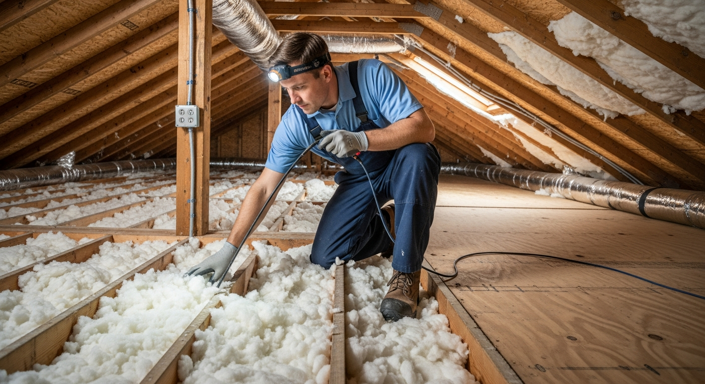Professional HVAC technician in a clean attic