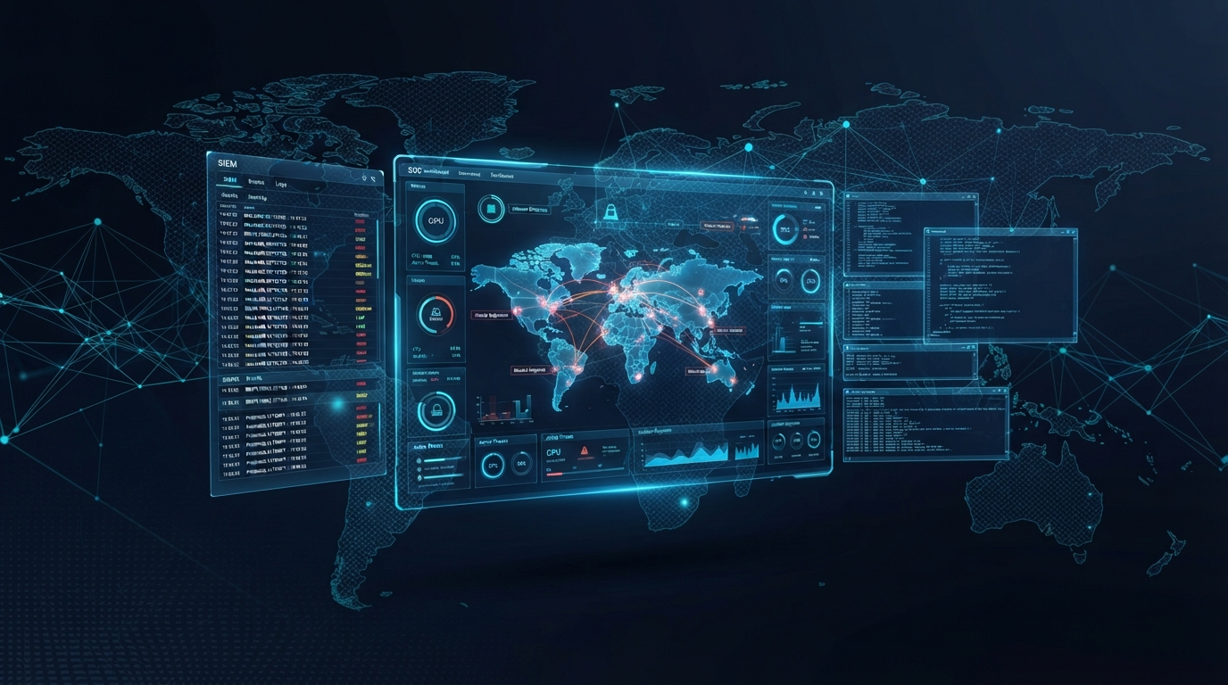 Enterprise cybersecurity lab preview — SOC dashboard with terminal and threat map