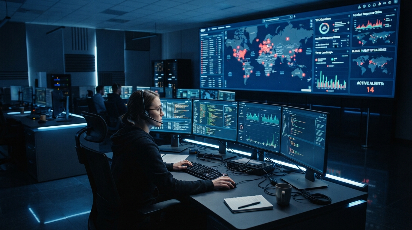 A real-world enterprise Security Operations Center. Tier-1 analysts monitor a video wall of global threat activity — this is the environment you're training to work in.