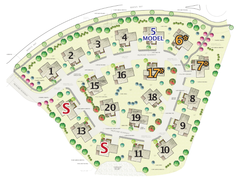 Ridgeline Community neighborhood site plan map showing available and sold home lots