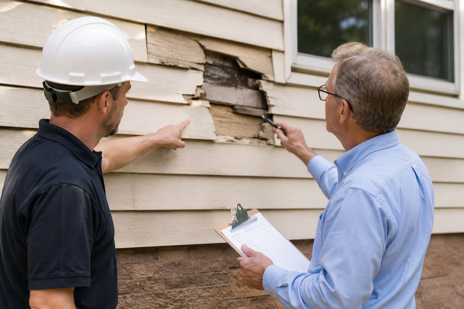 Contractor and inspector assessing home damage