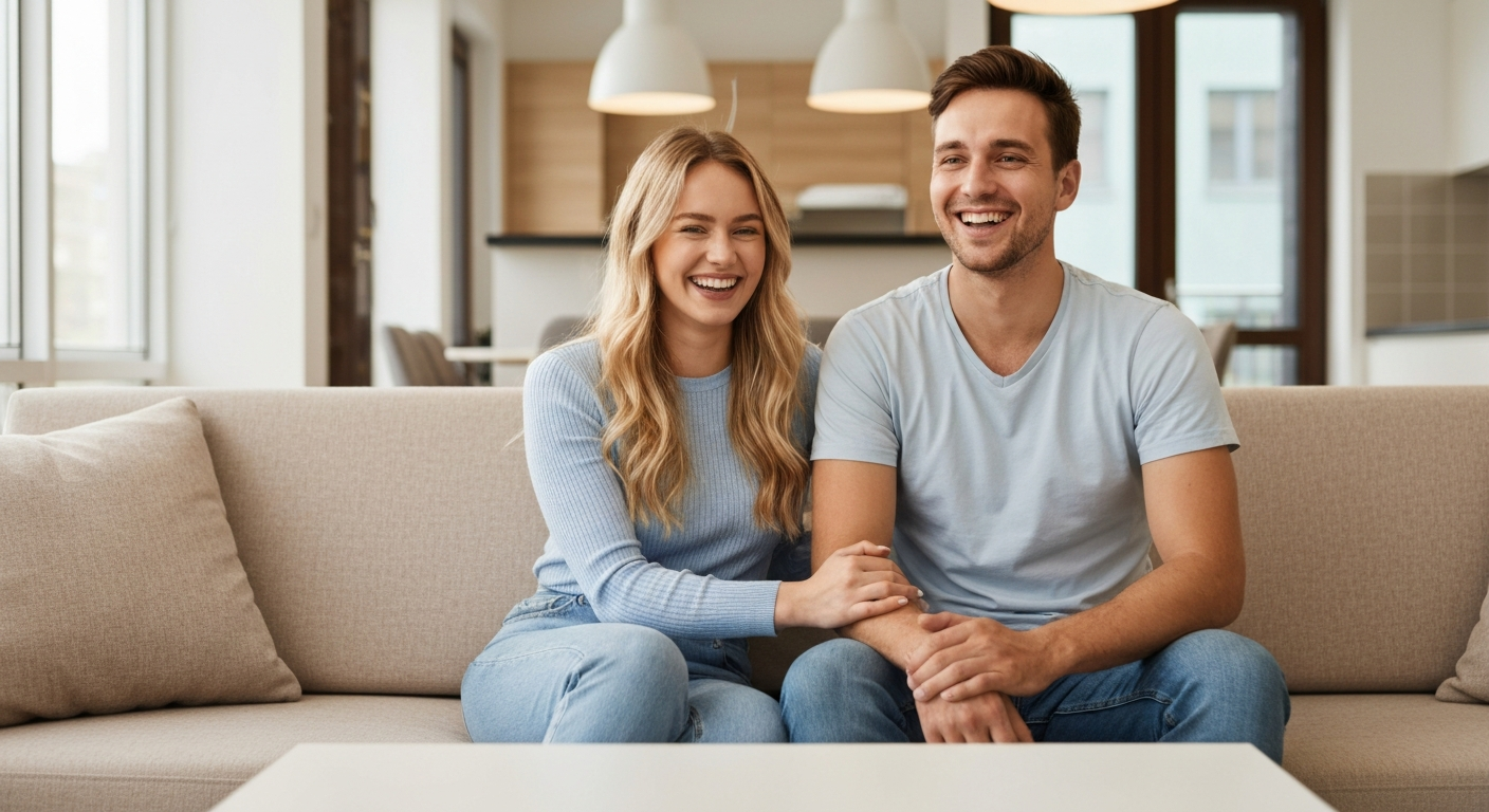 Couple sitting in a newly rented apartment