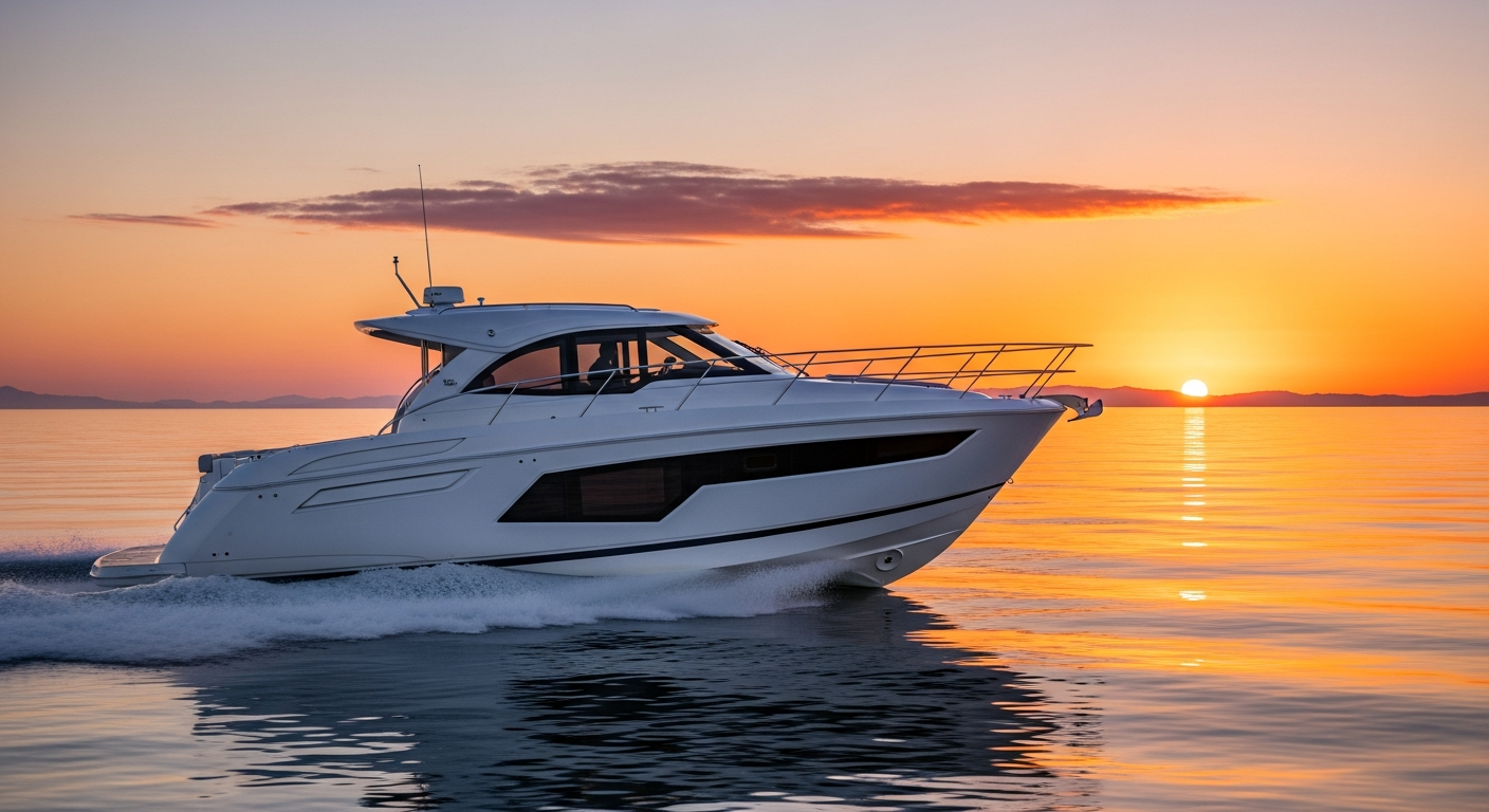 Modern recreational powerboat cruising on a calm ocean at sunset