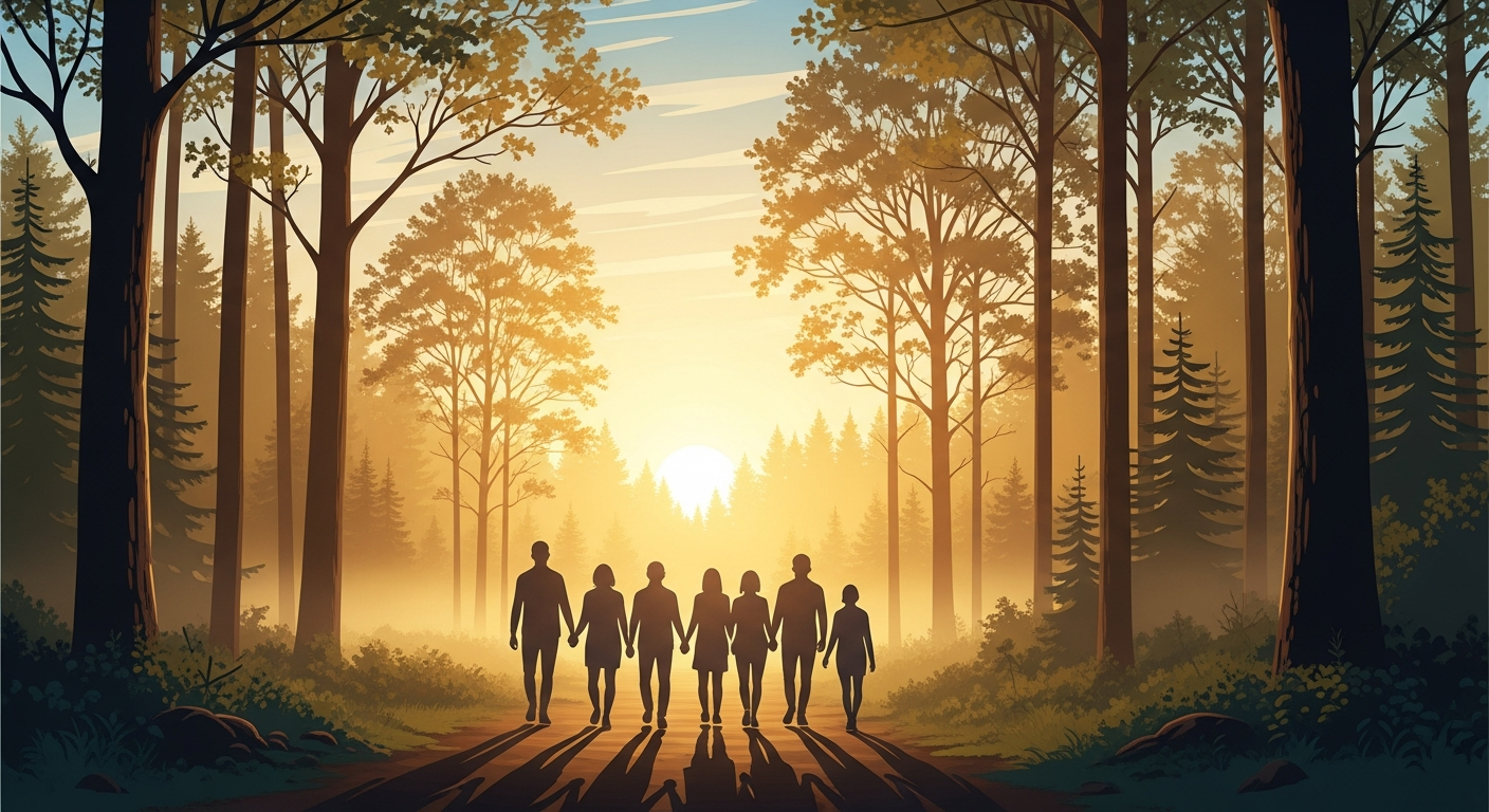 People walking on a pathway towards sunrise
