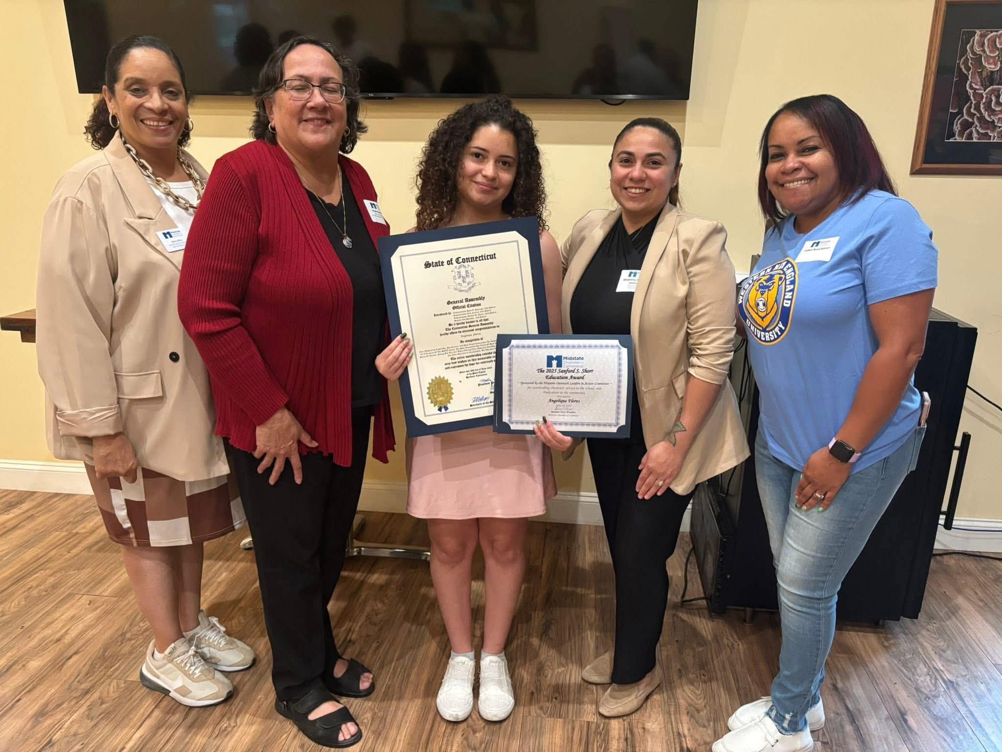 Daisy Olivo with Midstate Chamber leaders presenting the Sanford S. Shorr Education Award and State of Connecticut Official Citation to youth recipient
