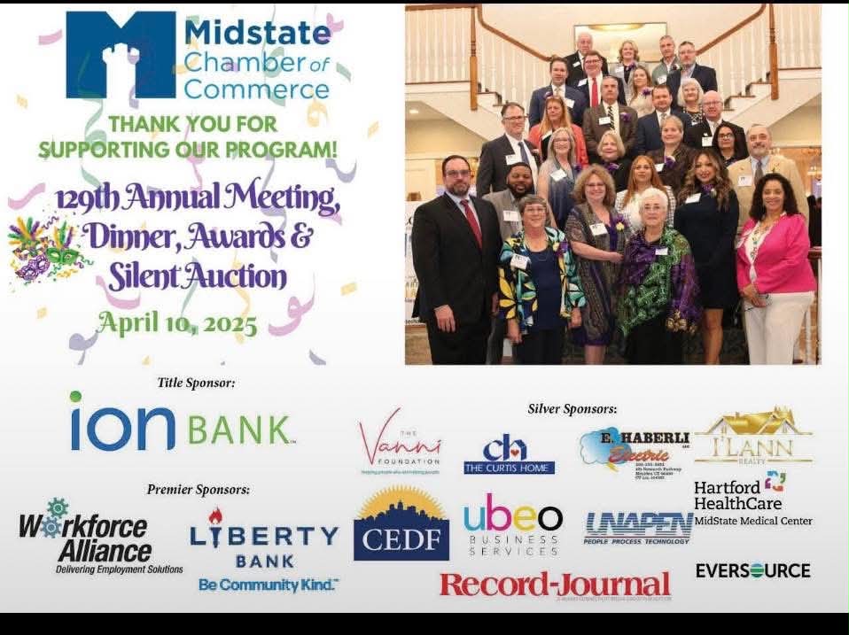 Midstate Chamber of Commerce 129th Annual Meeting, Dinner, Awards & Silent Auction event program featuring community leaders