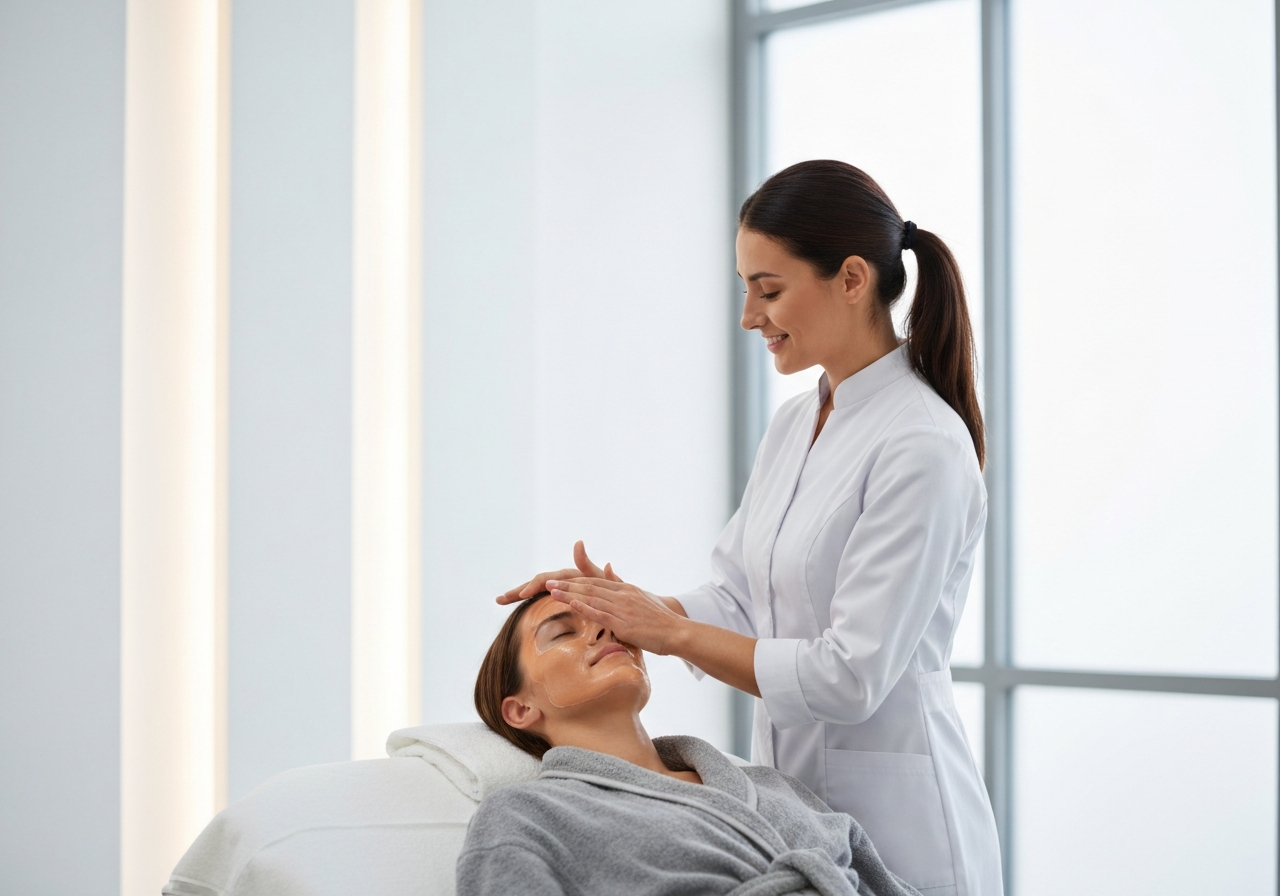 Esthetician applying facial mask