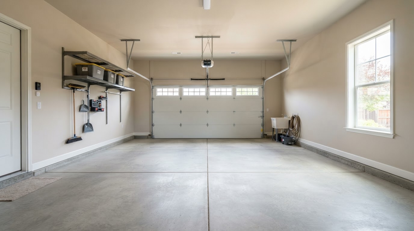 Cleaned-out residential garage after a full property cleanout in New Hampshire