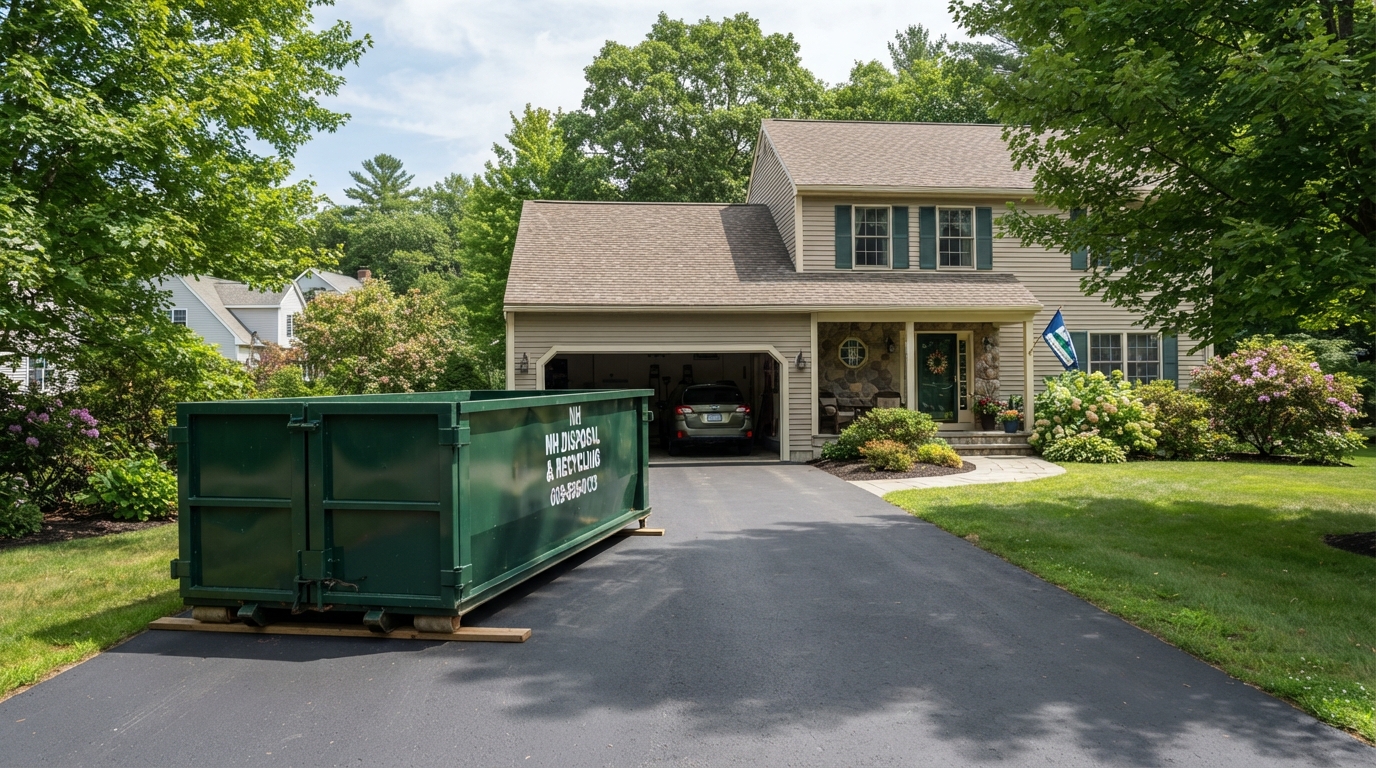 Roll-off dumpster rental container on a driveway in New Hampshire