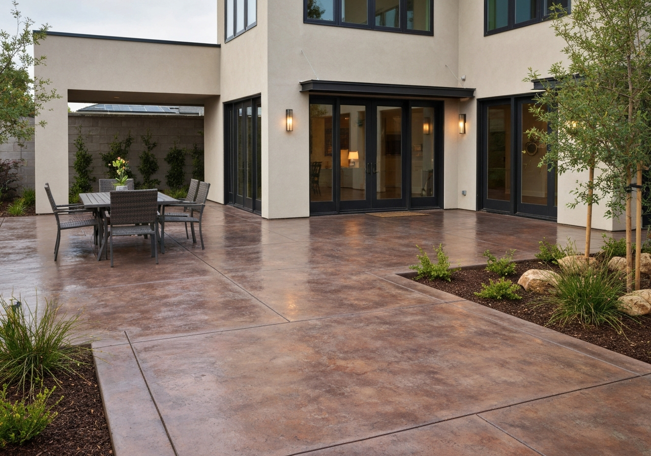 Beautiful outdoor patio with stained concrete flooring
