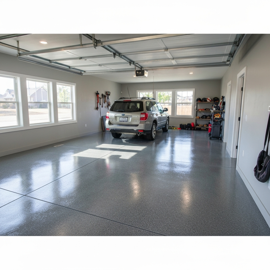 Finished residential garage with SUV