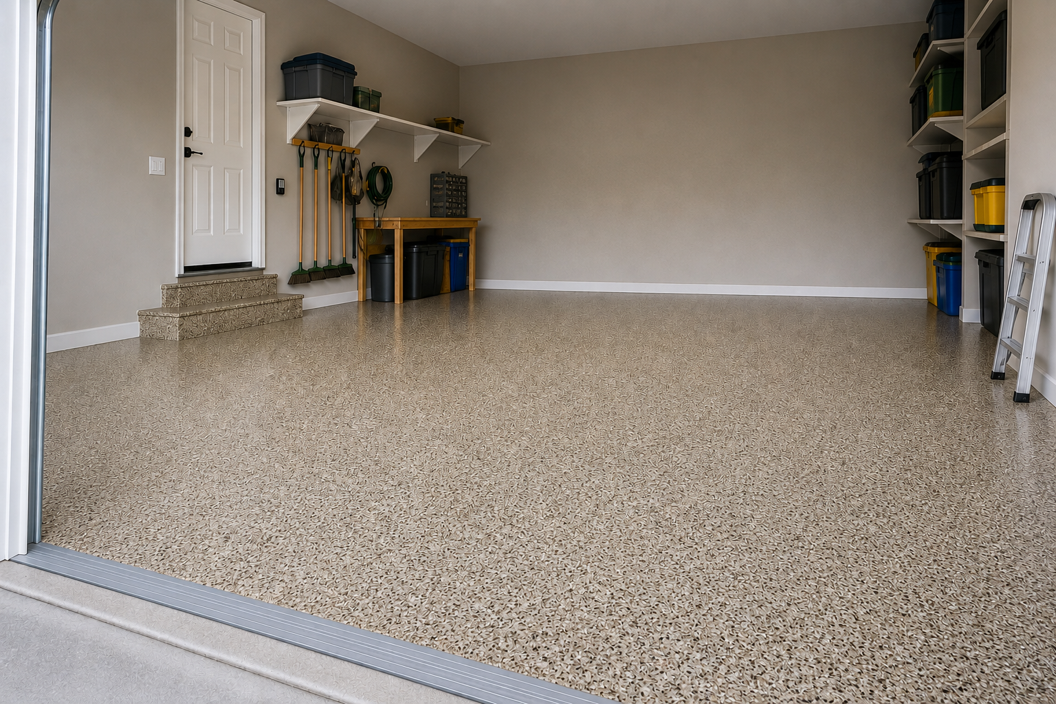 Normal house garage with tan flake epoxy floor and standard garage doors