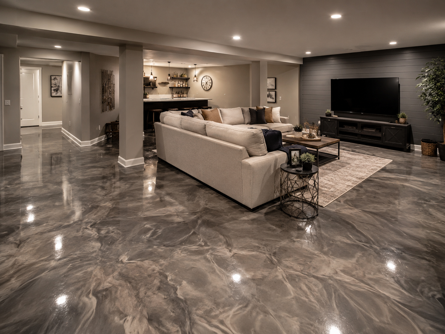 Finished basement with metallic epoxy floor