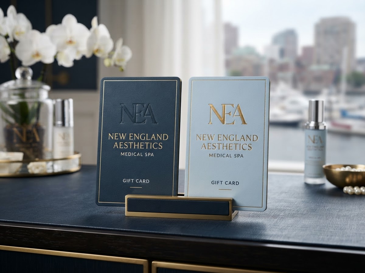 Premium New England Aesthetics gift cards featuring the NEA logo for medical aesthetics and wellness services in Boston