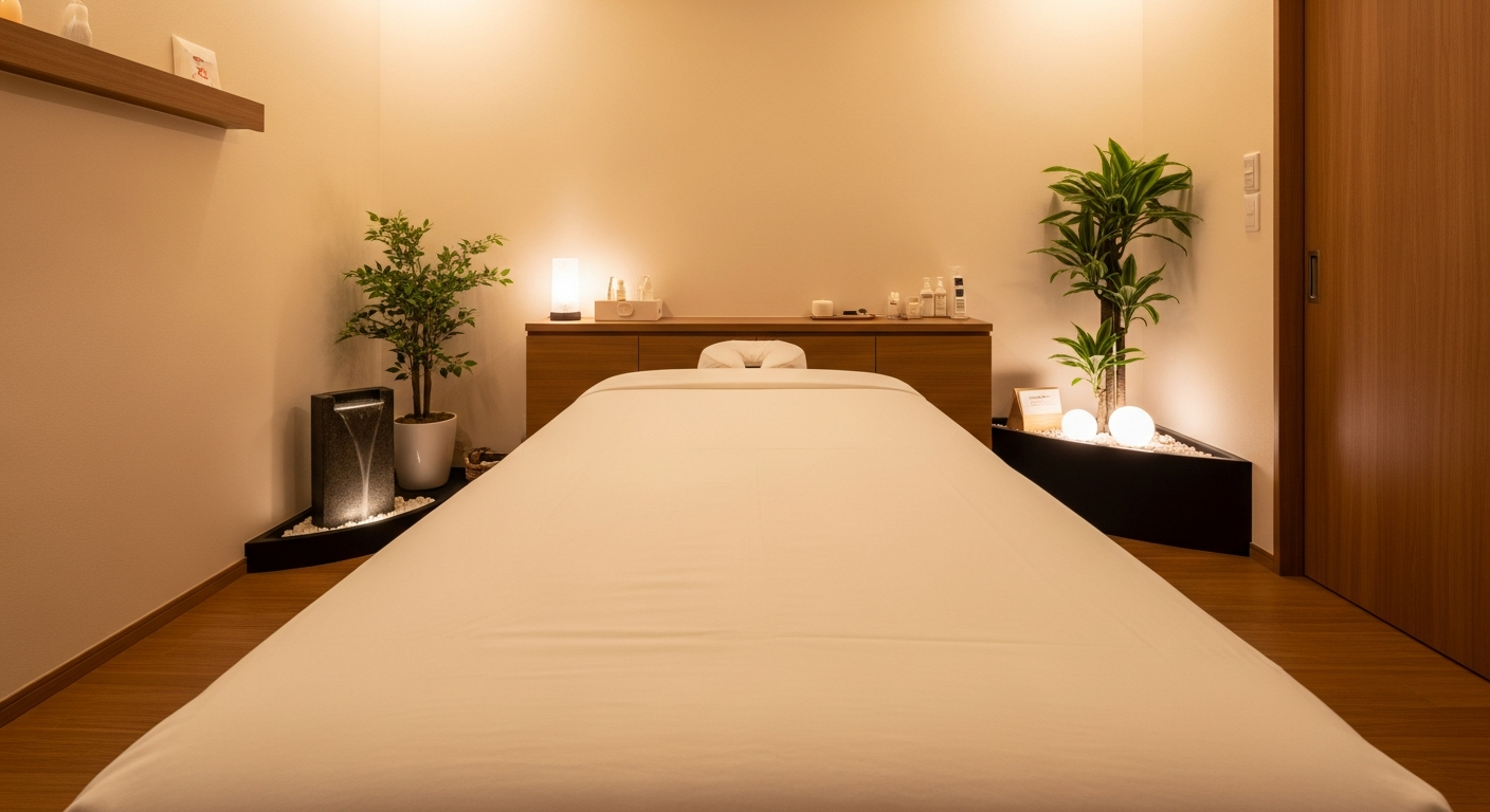 A clean, empty massage table in a calmly lit, serene therapeutic massage room at Health and Healing Oasis.