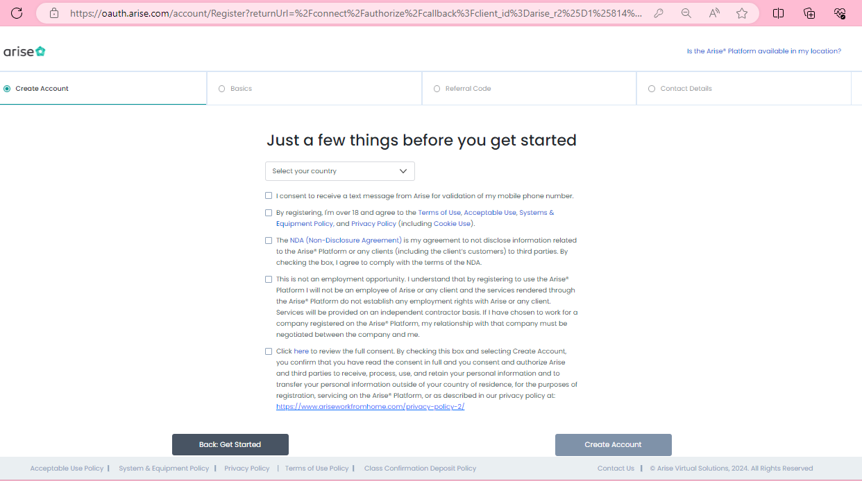 Step 3: Select Country & Agree to Terms