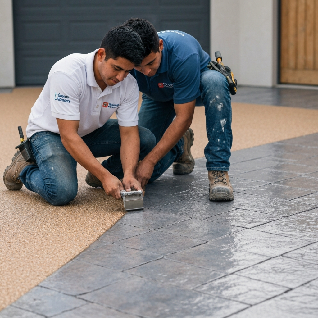 Hereford Resin Driveways installation team laying high quality resin bound surfacing
