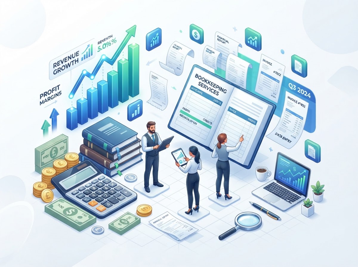3D bookkeeping services illustration with financial documents and charts