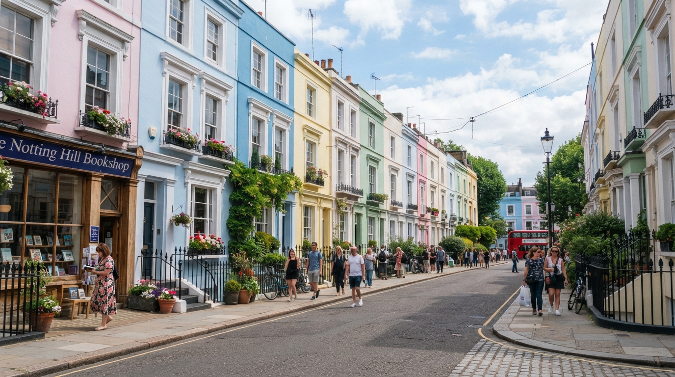 Notting Hill, London — vibrant pastel-lined neighbourhood