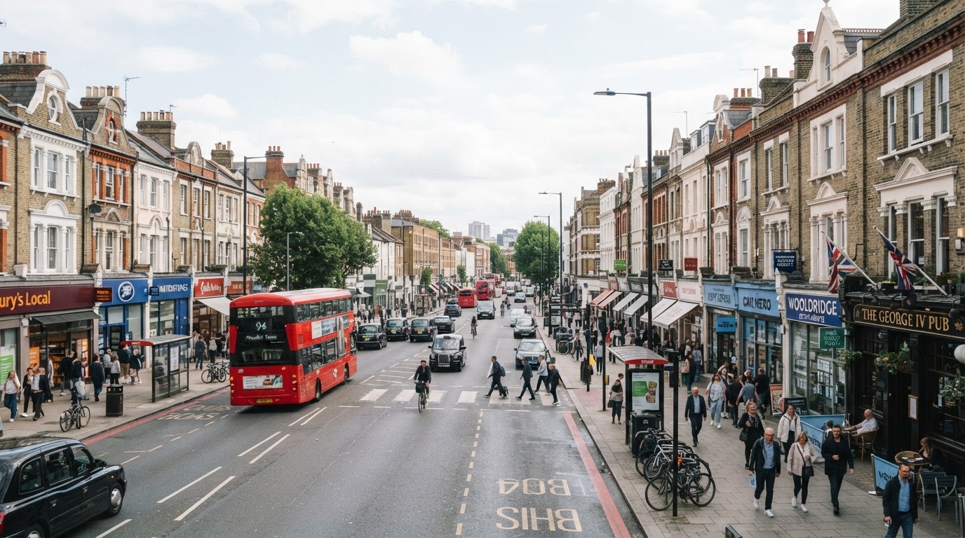 Chiswick, West London — High Road with mixed traffic