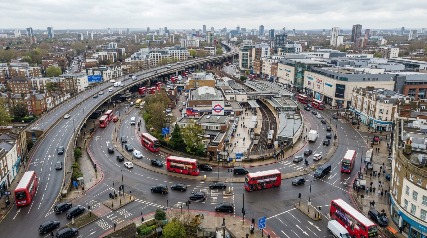 Hammersmith, West London — multi-lane junctions and transport hub