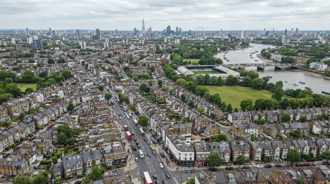 Fulham, West London — residential streets and riverfront roads
