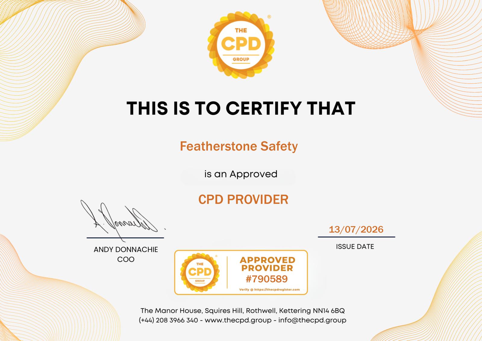 Featherstone Safety CPD Approved Provider Certificate