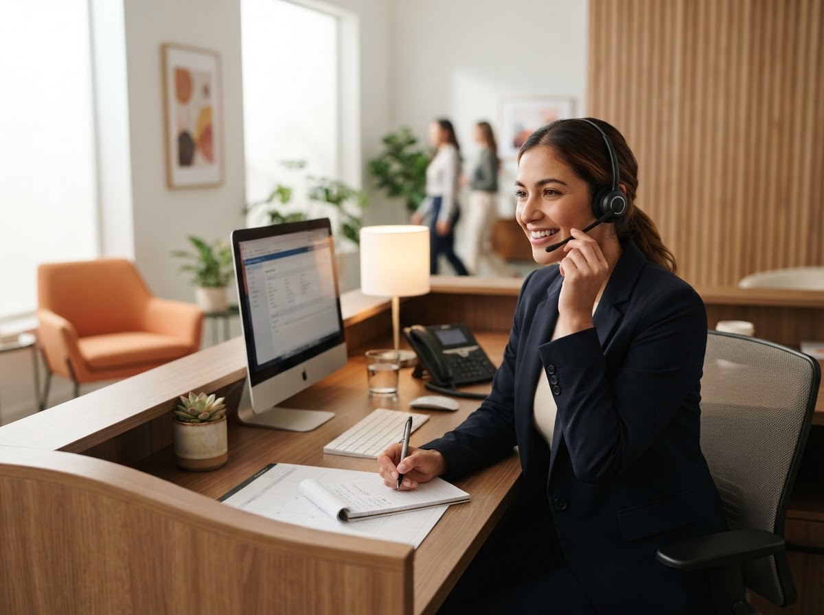 Receptionist at a small business wearing a headset answering a call