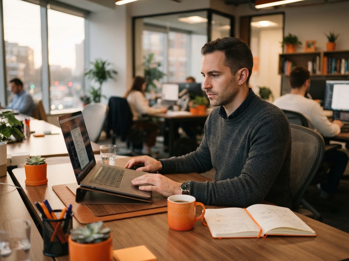 Man working on a computer with CRM and follow-up automation