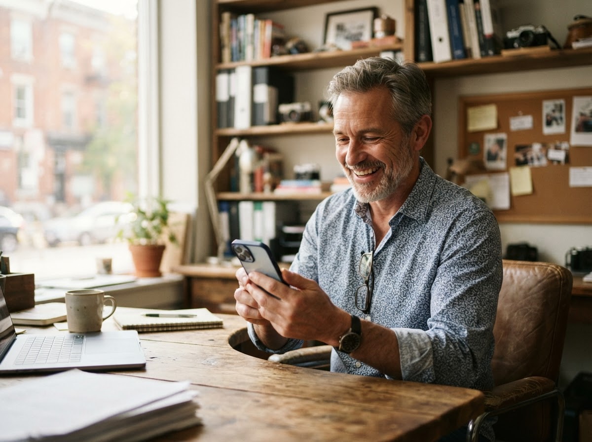 Happy business owner checking customer reviews on phone