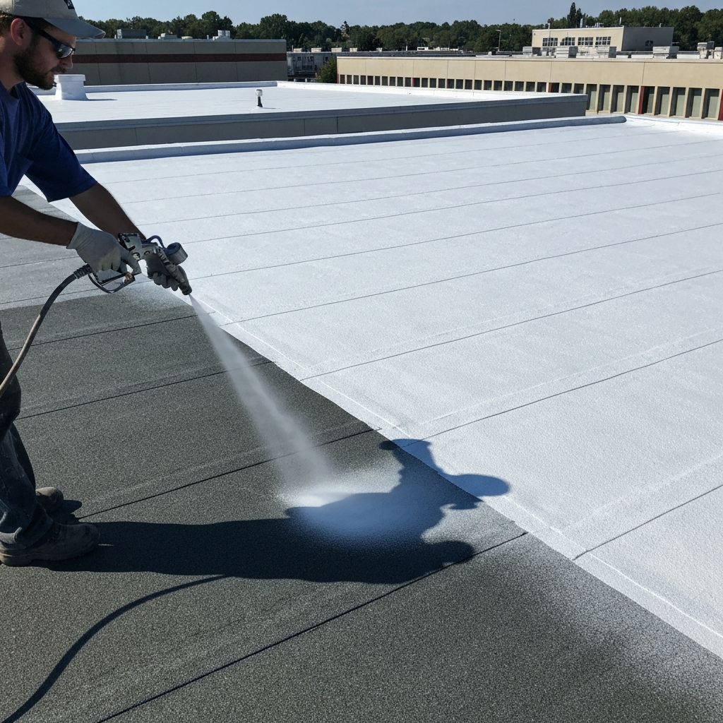 A commercial roofing technician spraying a bright white silicone coating onto a flat roof