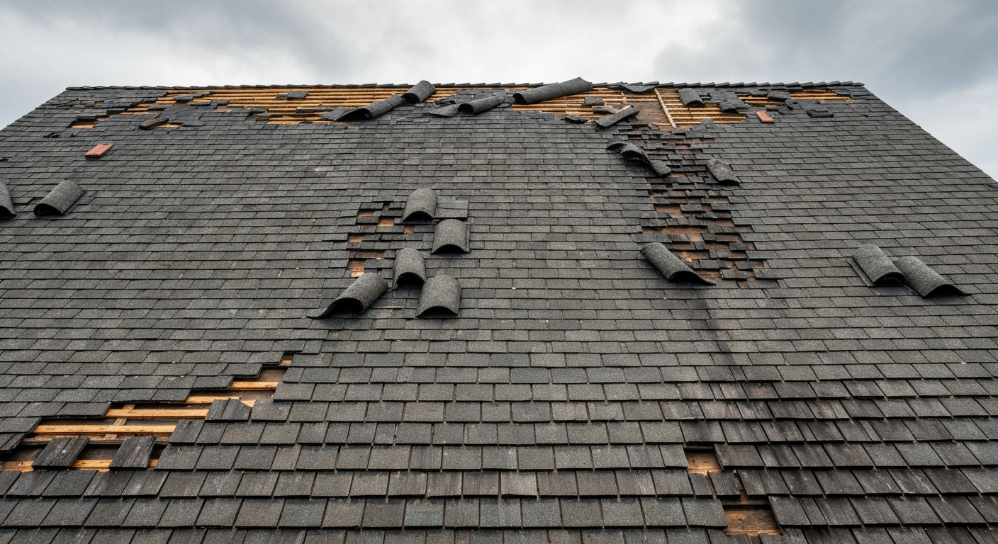 Interior ceiling showing severe water damage and mold growth from a neglected roof leak