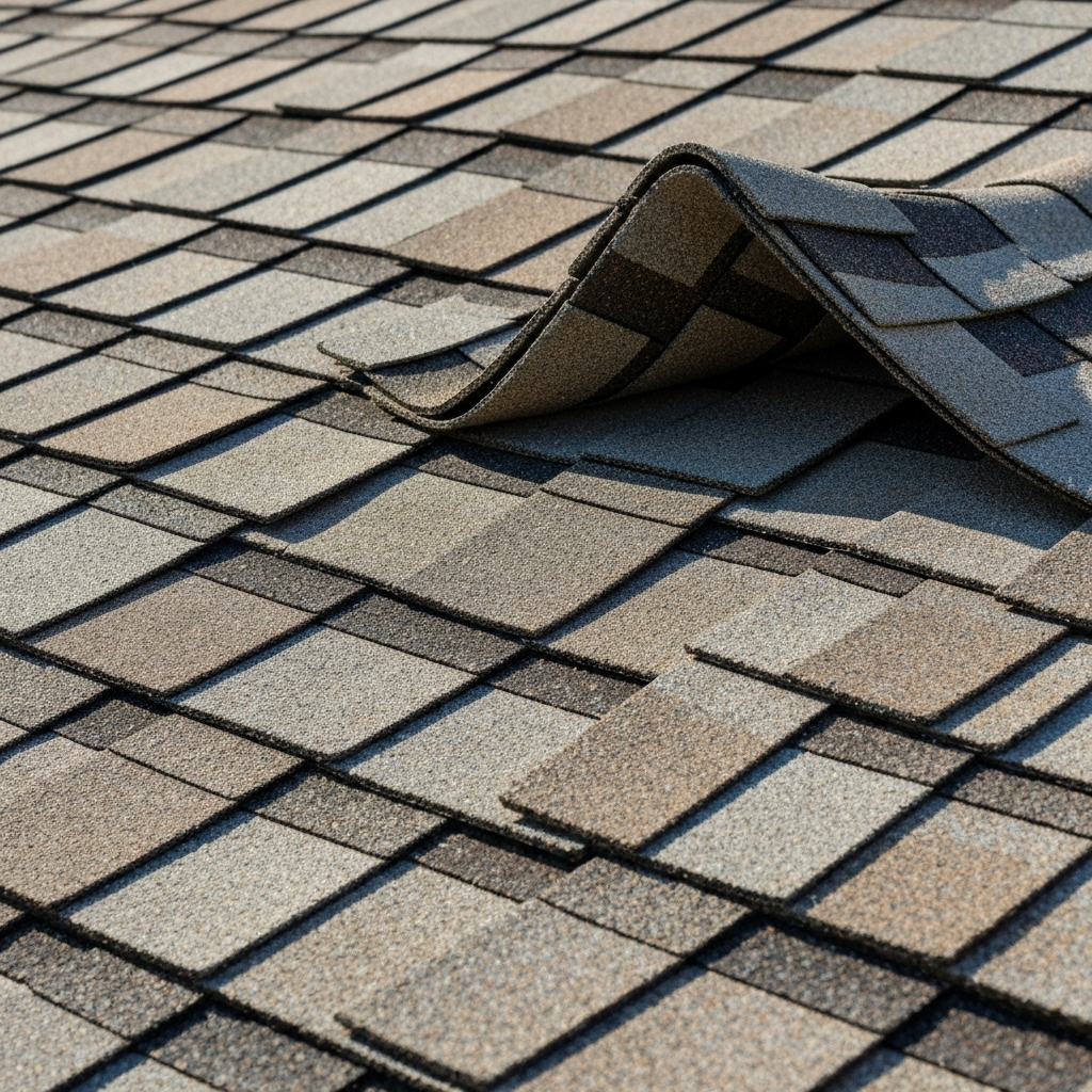 A roofing inspector pointing out a wind-creased shingle to an insurance adjuster