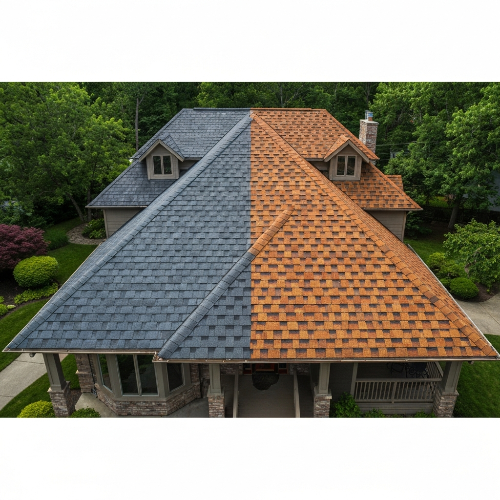 Side-by-side comparison of a basic 3-tab shingle roof and a premium architectural shingle roof