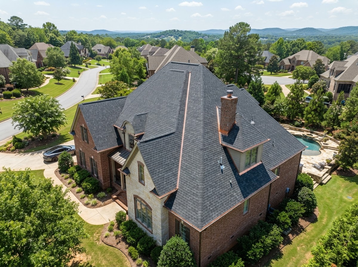 Wind Damage Roof Restoration - aerial view of completed shingle roof replacement after wind damage insurance claim