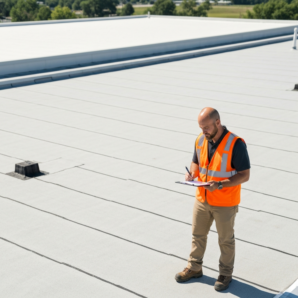 A facility manager and a commercial roofer inspecting an HVAC unit on a flat roof with a checklist