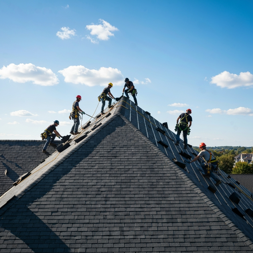 A very steep-pitched residential roof requiring roofers to use specialized safety harnesses
