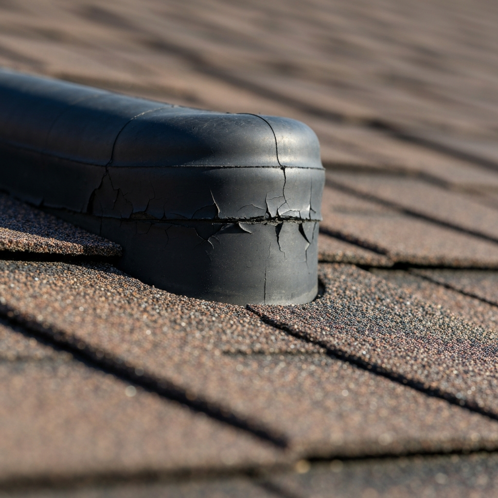 Close-up of a cracked and dry-rotted rubber pipe boot flashing on a residential roof