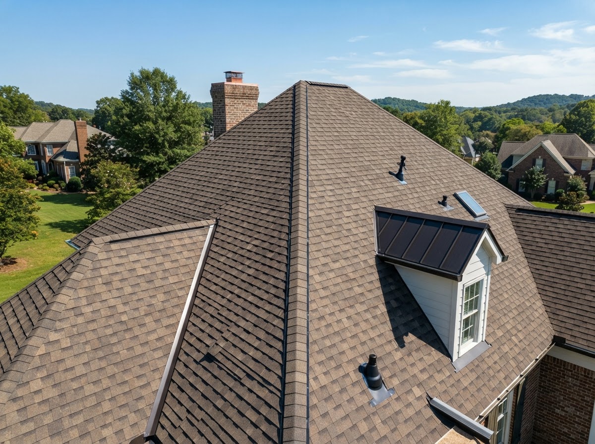 Full Roof System Installation - close-up of premium architectural shingle roof with ridge vents and valley flashing