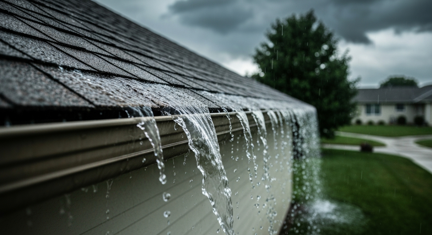 A clogged residential rain gutter overflowing with wet leaves and debris during a rainstorm