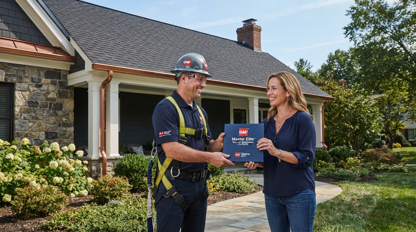 A roofing contractor handing a homeowner a manufacturer warranty registration certificate for a newly installed roof