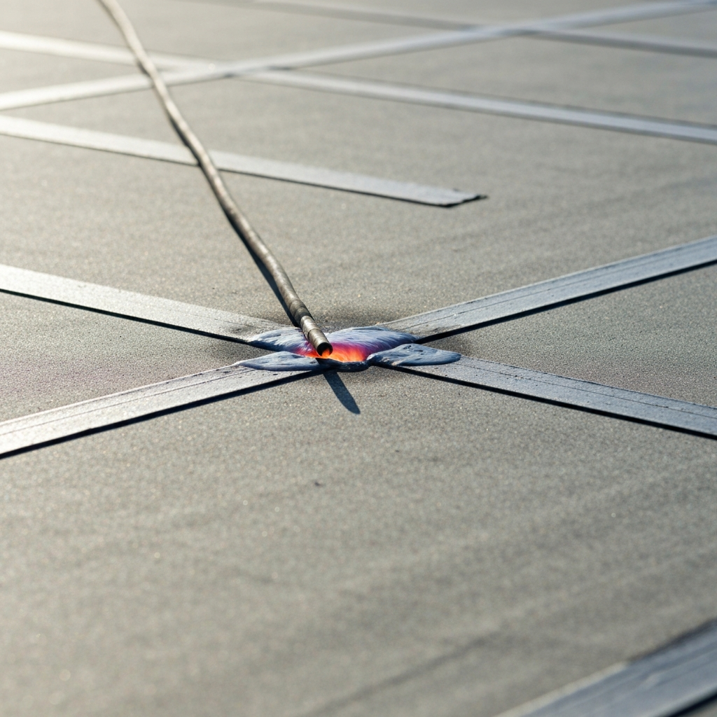 A large commercial flat roof showing a white single-ply membrane installation in progress