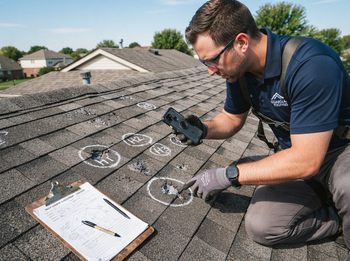 A roofing inspector photographing storm-damaged asphalt shingles with chalk circles marking hail hits