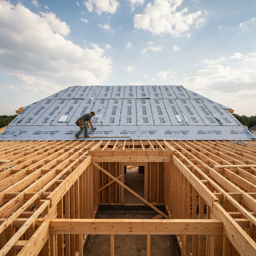 A new home construction site with exposed wooden roof decking waiting for underlayment and shingles
