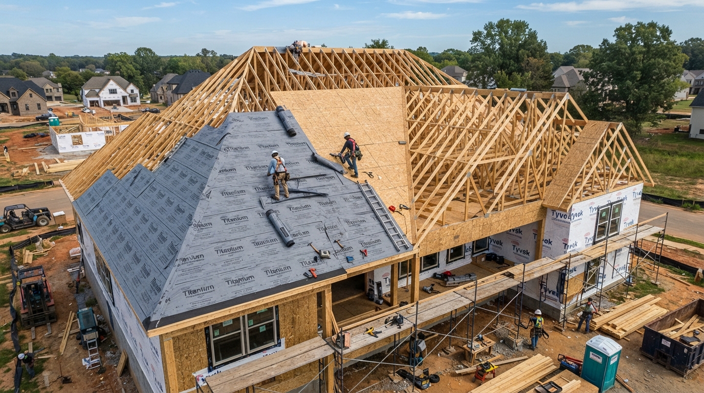 A new construction home mid-build showing engineered roof trusses and partially installed synthetic underlayment dry-in