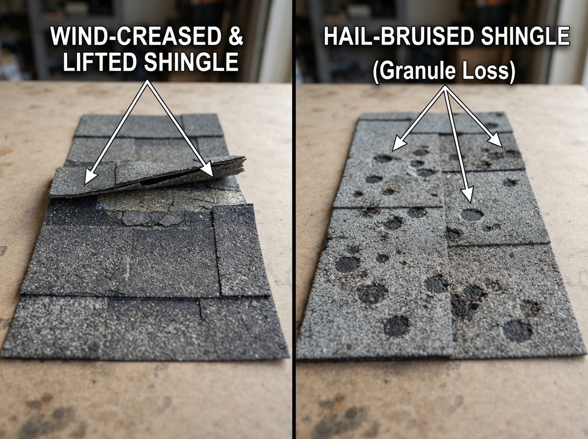 Side-by-side comparison of a wind-creased shingle and a hail-bruised shingle with granule loss