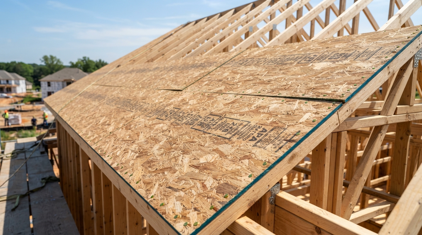Close-up of wooden OSB roof decking and sheathing panels nailed to roof trusses on a new construction home