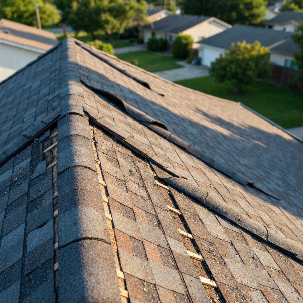 An aging residential roof showing multiple warning signs including curled shingles and missing granules
