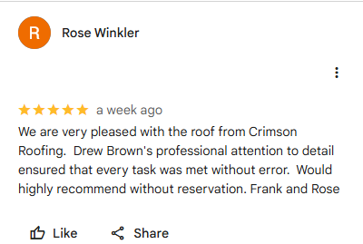 5-Star Google Review for Crimson Roofing highlighting Drew Brown's attention to detail